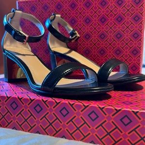 TORY BURCH CECILE 55MM Black Leather Open Toe Heels Size 5.5 M